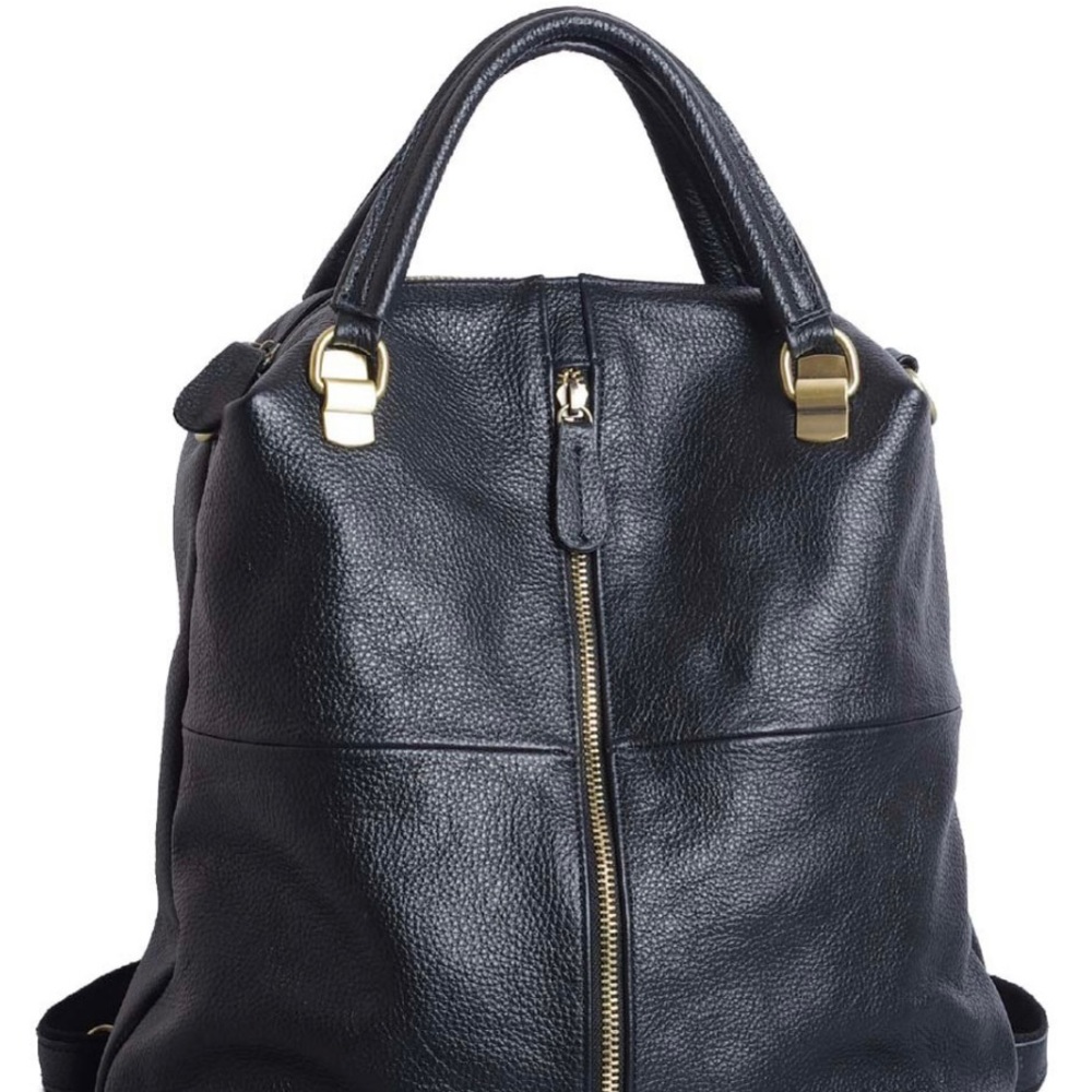 Black Center Zip Leather Tote